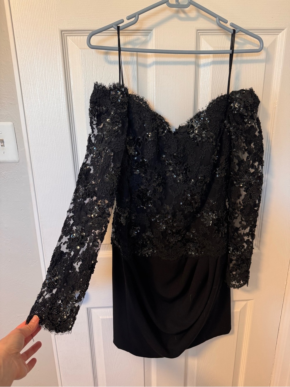 Saks Fifth Avenue Black Lace Sequin Off-Shoulder Mini Dress